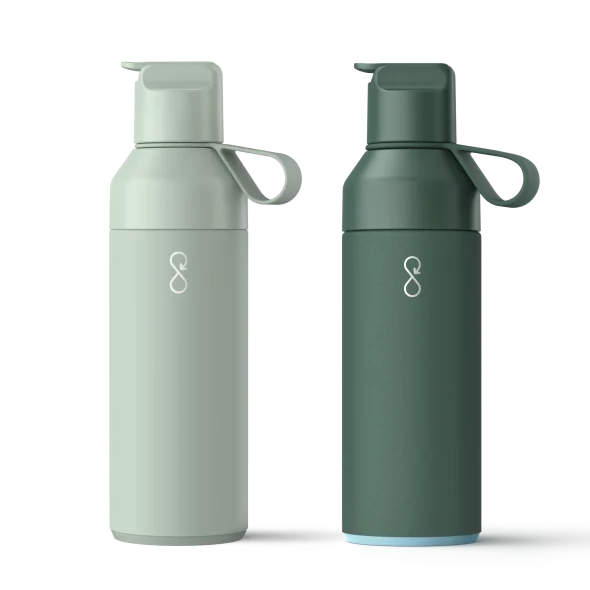 Sip Squad Bundle_Two Ocean Bottle GO reusable bottles in light green and dark green on a white background.