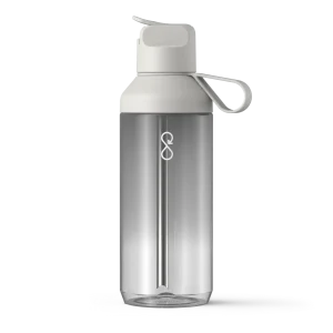 Ocean Bottle GO Clear in Rock Grey shown from the back with carry loop lid.