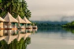 Floating tented villas at Canvas and Orchids Retreat on the Tatai River in Cambodia, surrounded by rainforest with palm trees and calm water reflections
