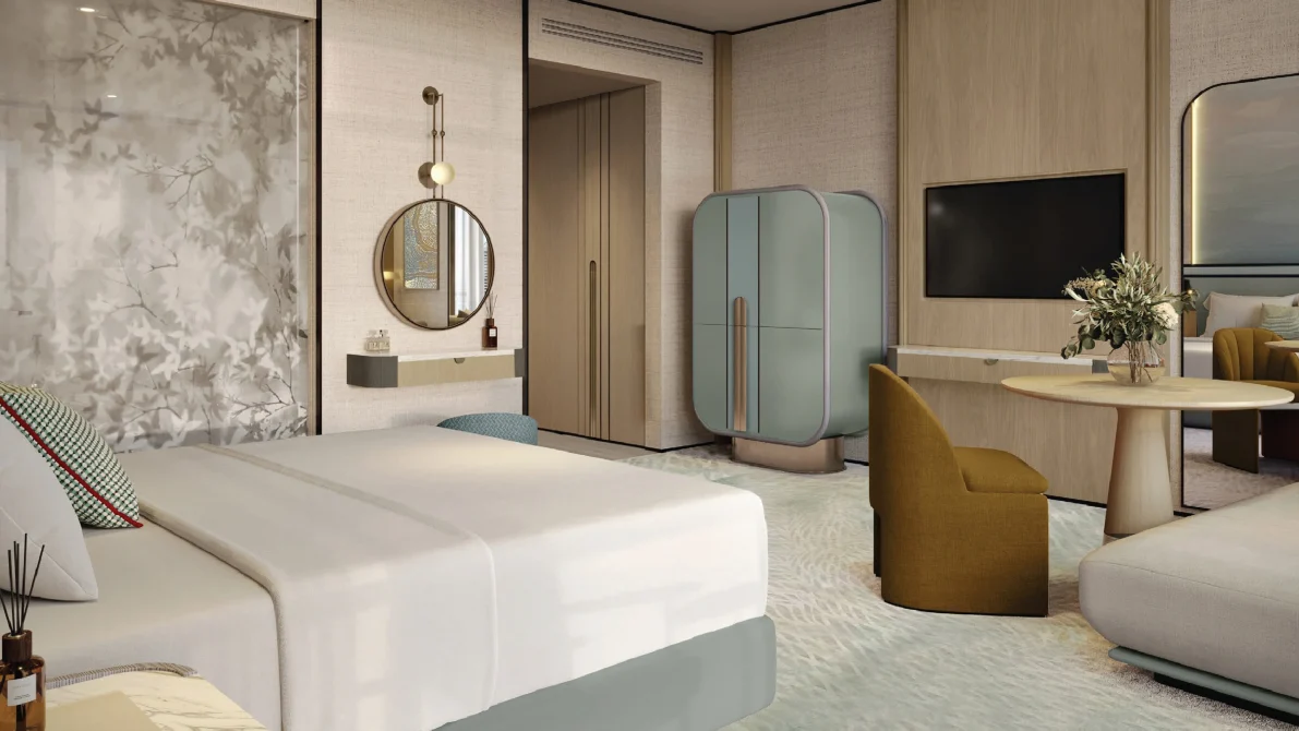 Premium guest room interior with king bed, seating area, and modern decor at InterContinental Dubai Marina