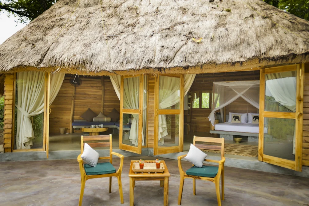 Eco-lodge bungalow with thatched roof, wooden construction, and open-air veranda featuring two wooden chairs with green cushions, a small table, and flowing cream curtains framing glass doors leading to an interior bedroom with canopy bed.