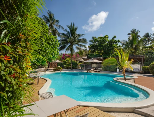 Aerial view of main swimming pool and children's paddling pool surrounded by tropical gardens, palm trees, and lounge areas at White Sand Villas