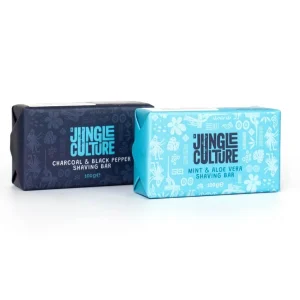 Jungle Culture shaving soap bars in Charcoal & Black Pepper and Mint & Aloe Vera packaging on a white background.