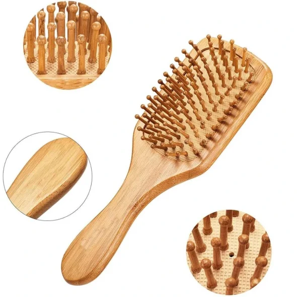 Eco-friendly bamboo hair brush with soft bristles and ergonomic handle, packaged in recycled kraft paper.