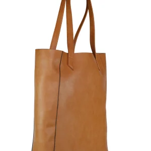 Lightweight vegan tote bag in camel with long shoulder straps, soft and durable with a spacious shape.