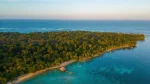 Aerial view of a lush tropical island with palm-lined beaches and turquoise Caribbean water near Casa Cayuco Eco-Adventure Lodge in Bocas del Toro, Panama.