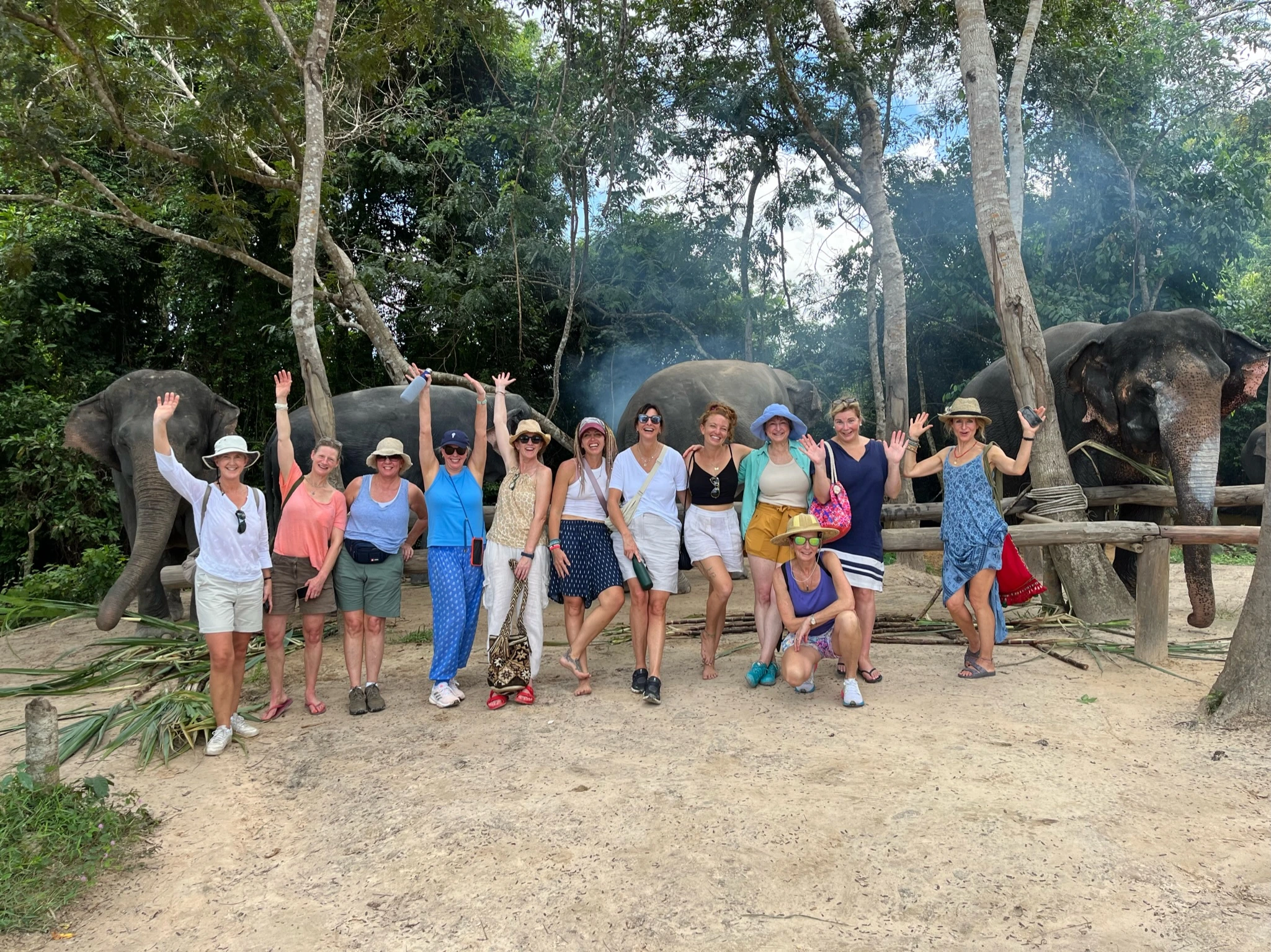 Volunteers posing with elephants in Cambodia, representing meaningful wildlife and community interaction