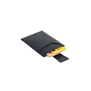 Vegan card holder made from persimmon waste, ultra-slim black wallet with elastic band, holds up to 10 cards.