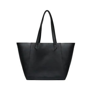 Versatile vegan tote bag in black with adjustable structure and long shoulder straps, made from corn waste.