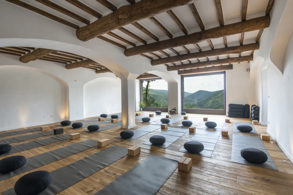 Yoga studio with wooden beams, mats and meditation cushions, and large windows overlooking green mountains at Eremito Hotelito.
