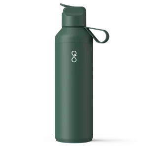 Ocean Bottle Peak GO reusable bottle in forest green with flip-top lid and carry loop, front view.