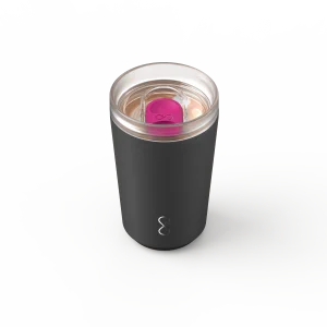 Top view of a 350ml reusable tumbler in obsidian black with a clear lid and astral pink slider.