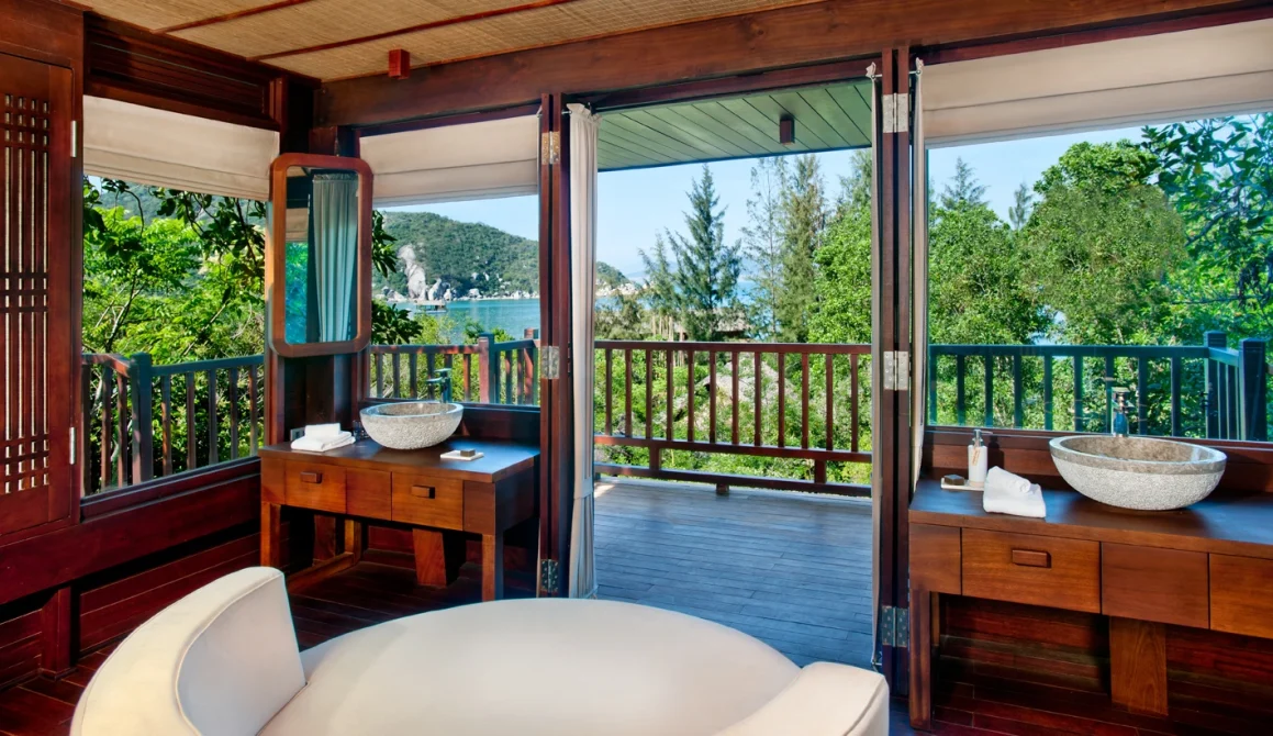 L'Alya Ninh Van Bay balcony view with white chair